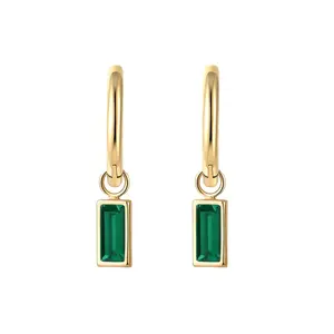 Emerald Zircon Earrings Rectangular Pendant Titanium Steel Earrings 18K Gold Simple Pendant Ear Buckle Earrings