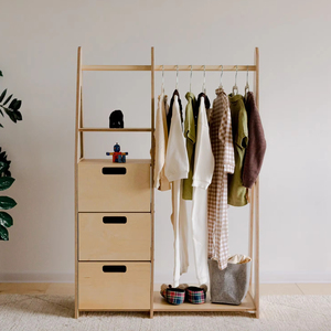 Porte-vêtements en bois pour enfants, armoire Montessori <span class=keywords><strong>avec</strong></span> tiroirs, support à manteaux pour enfants, organisateur de rangement pour chambre d'enfant, étagère - Product Image 1