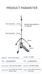 G510 Support <span class=keywords><strong>de</strong></span> <span class=keywords><strong>cymbale</strong></span> professionnel en aluminium à hauteur réglable avec pédale <span class=keywords><strong>de</strong></span> tambour - Product Image 2