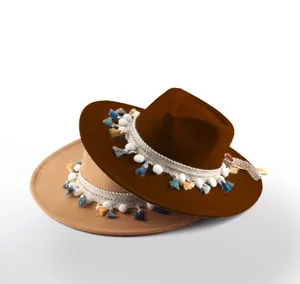 Conjunto de chapéus de cowboy de veludo de lã laranja para mulheres, chapéu de cowboy de veludo tradicional barato personalizado por atacado