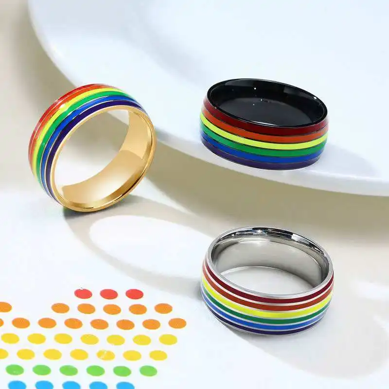 Colorful Rainbow Ring Jewelry Trendy Statement Gold Plated Stainless Steel Enamel Ring For Couple Lovers