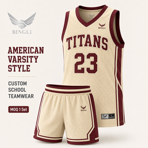 Ensemble d'uniformes de basketball professionnels en maille à motif géométrique crème bordeaux, entièrement sublimés, style universitaire américain pour équipes scolaires - Product Image 1