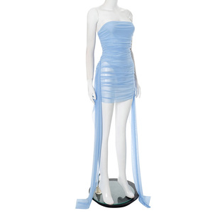 Vestido <span class=keywords><strong>Mini</strong></span> Ajustado de Verano con Volantes y Malla Calada sin Mangas Estilo Urbano Casual para Mujer - ¡Oferta! - Product Image 4