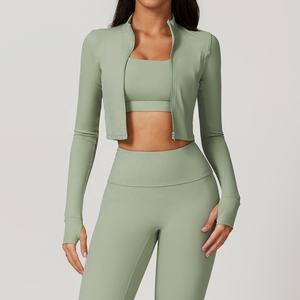 Set Fitness da <span class=keywords><strong>Palestra</strong></span> 4 Pezzi Tinta Unita Abbigliamento Yoga Giacca a Maniche Lunghe e Leggings Completo Sportivo da <span class=keywords><strong>Donna</strong></span> Set Yoga Fitness Senza Cuciture - Product Image 2