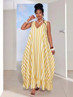 Robe longue ample rayée sans manches à col en V pour femme, avec ourlet à volants, fluide, pour l'été, la plage, décontractée, style maxi, 2027 S-3XL