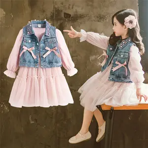 Wholesale Korea Sweet Denim Waistcoat Design Long Sleeve Dresses For Kids Clothing Sets From China Supplier