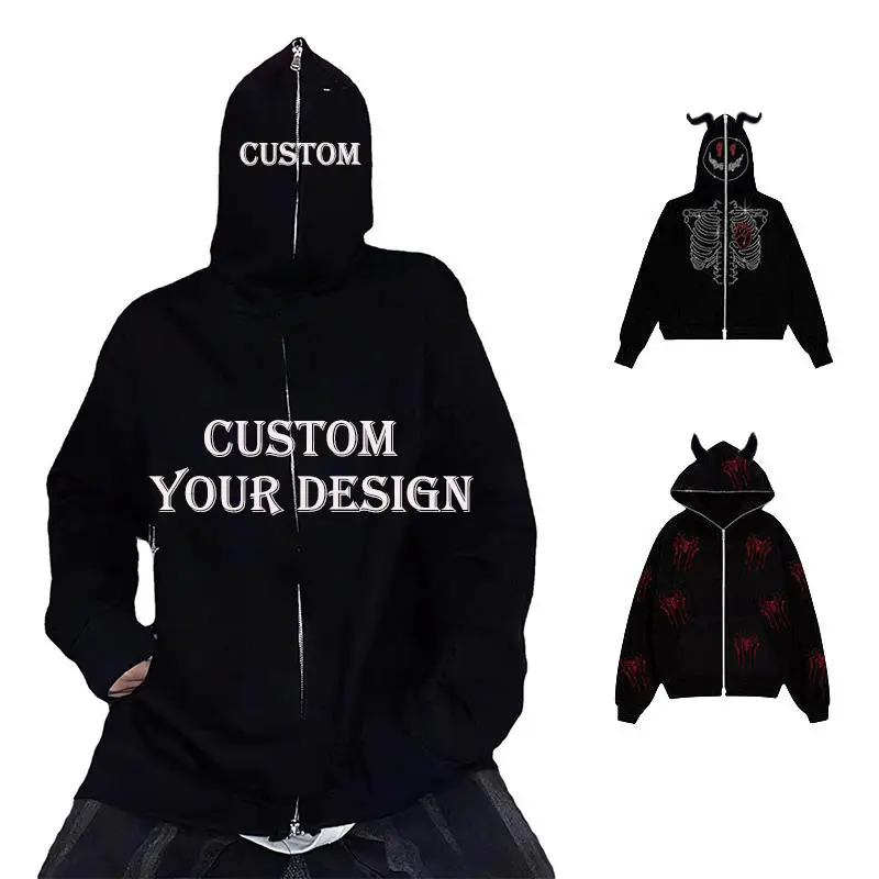 Custom Logo All Over Print Fleece Over Sized Rhinestone Full Men Face Zip Up Hoodies