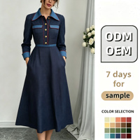 Robe midi en jean pour femme, style chemise, manches longues, coupe trapèze, ceinturée, avec bordure contrastante, décontractée, vintage, automne, OEM ODM