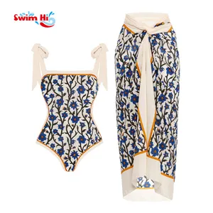 2023 New Appliques Printed One Piece Swimsuit And Sarong For Women Floral Bathing Suit Backless Swimwear Beachwear Oem