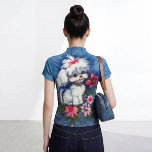 Haut tricoté vintage pour femme PY 2026 à col roulé et manches courtes, imprimé chien et floral, coupe ajustée, décontracté, pour le printemps et l'été - Product Image 5