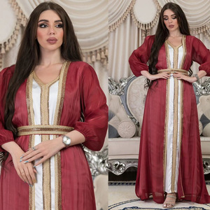 Ensembles de luxe 2 pièces pour femmes musulmanes, style <span class=keywords><strong>Moyen</strong></span>-Orient, robes Abaya de Dubaï, doux, longueur ras du sol, élégants, respirants, en polyester, col en V - Product Image 3