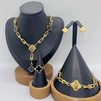 Collier, boucles d'oreilles, bracelet et bague en acier inoxydable en forme de trèfle à quatre feuilles, bijoux pour femmes, ensemble de 4 pièces