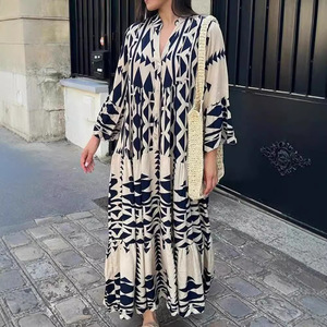 Vestido estampado <span class=keywords><strong>de</strong></span> manga larga para <span class=keywords><strong>mujer</strong></span>, falda larga <span class=keywords><strong>de</strong></span> cintura alta <span class=keywords><strong>de</strong></span> manga larga con un solo pecho, nuevas vacaciones, ropa informal holgada para <span class=keywords><strong>mujer</strong></span> - Product Image 1