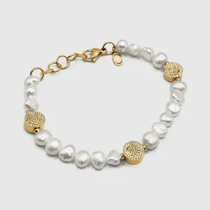 2024 Gold Plated Stainless Steel Fashion Jewelry Crystal Smiley Face White Natural Fresh Water Freshwater Pearl Bracelet Men