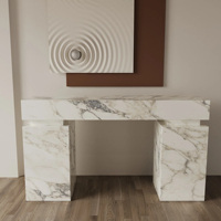 Table console en marbre Dream Home, plateau rectangulaire massif, support carré décalé, veine Arabescato, table de couloir contemporaine