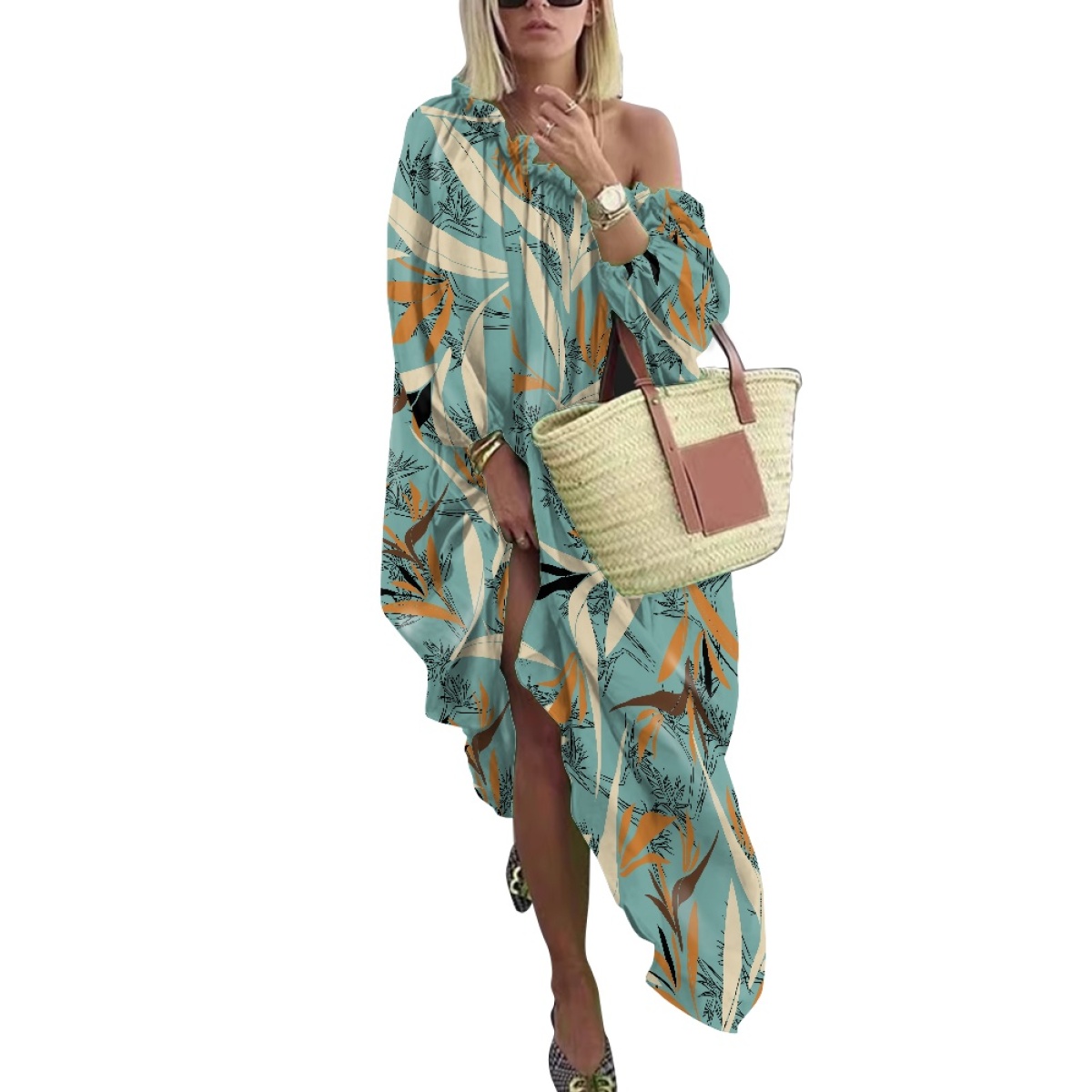 mint green plus size maxi dress Mint Green Long Sleeves A-line Plus Size Prom Dress With High Split