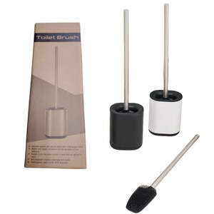 Cepillo flexible de silicona para inodoro con soporte, soporte de acero inoxidable, mango de acero inoxidable, flexible, plano, para inodoro y contenedor - Product Image 1