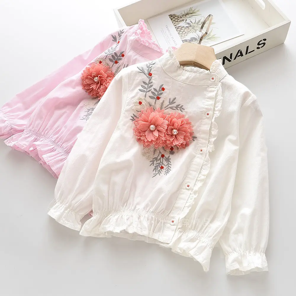 2020 kızlar düz beyaz pamuklu çocuk bluz tasarımları beyaz pembe çiçek çocuklar gömlek bebek kız üst tasarım