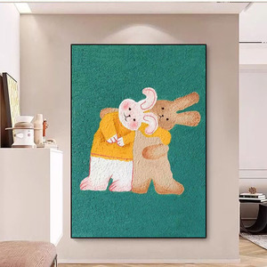 Rabbit Themed Childrens Room Decorative Painting Hand Painted Oil Painting Green <b>Frame</b> Modern Minimalist <b>Wall</b> Art For Hallway - Product Image 1