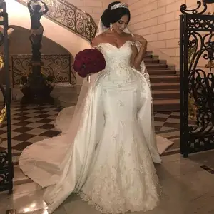 Kralen Kant Trouwjurk Met Afneembare Train Mermaid Bruidsjurken Applique Ivory Satin Wedding Bruidskleding