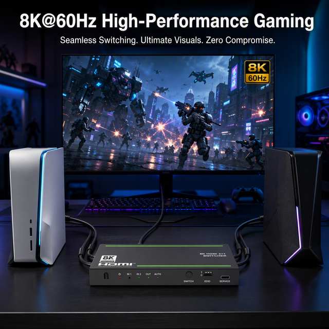 8K 60Hz 2x1 HDMI 2.1 Switch 48Gbps with Audio De-embedding Optical and L/R Output Support HDCP 2.3