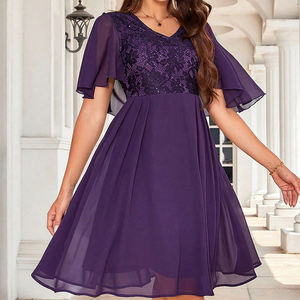 Vestido de encaje con lentejuelas y cuello en V de manga corta, fiesta informal, graduación, dama de honor, elegante vestido de tul acampanado - Product Image 5