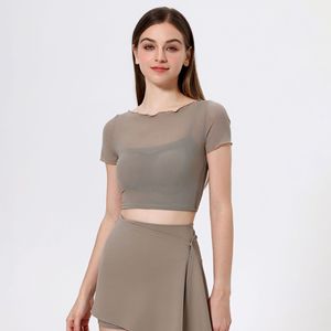 Women 2 In 1 Ruffle Mesh Sheer Yoga Crop Top Short Sleeve Cover Up Built In Padded Workout Tee Slim Fit Gym Pilates Athletic Top - Product Image 1