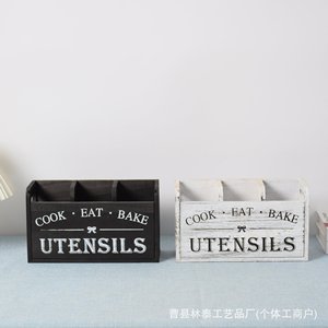 Boîte de rangement en bois pour ustensiles de cuisine, avec compartiments, pour utilisation sur table de cuisine, rectangulaire, blanc et noir - Product Image 2