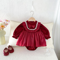 Combinaison en velours rouge pour bébé fille, tenue de fête d'automne pour 100 jours, 1er anniversaire