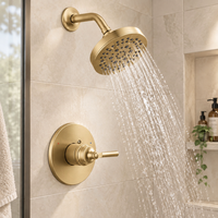 Système de douche en or brossé avec plaque frontale ronde, disque de buse noir, bras courbé, finition monocommande, vente en gros, usine OEM