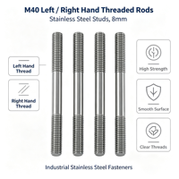 M40 8mm Stainless Steel Left & Right Hand Threaded Rod, Double End Stud with Smooth Middle Shank for Industrial Fastening