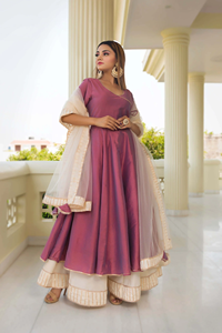 Stock prêt de coton soie violet Angrakha avec Plazzo et filet doux Dupatta ensemble Angrakha fait main de style traditionnel - Product Image 6
