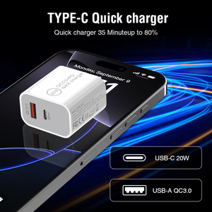 Almacén de EE. UU. <span class=keywords><strong>USB</strong></span> + Tipo <span class=keywords><strong>C</strong></span> Cargador de pared rápido dual <span class=keywords><strong>USB</strong></span> <span class=keywords><strong>C</strong></span> PD 20W Qc3.0 Adaptador de fuente de alimentación para Apple Iphone Us Plug Cargador rápido - Product Image 2