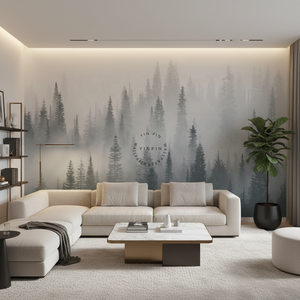 Carta da Parati Impermeabile Verde Scuro con Alberi Botanici Moderni, Decorazione Murale Personalizzabile per Camera da Letto, Paesaggio di Foresta Nebbiosa - Product Image 2