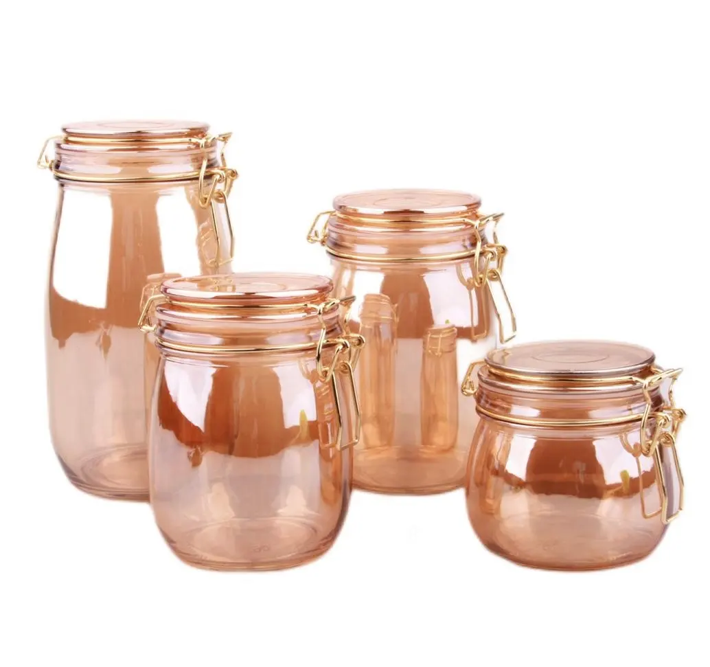 2022 Popular recommend fancy amber glass containers airtight glass jars with glass lid and golden metal clip wholesale jars