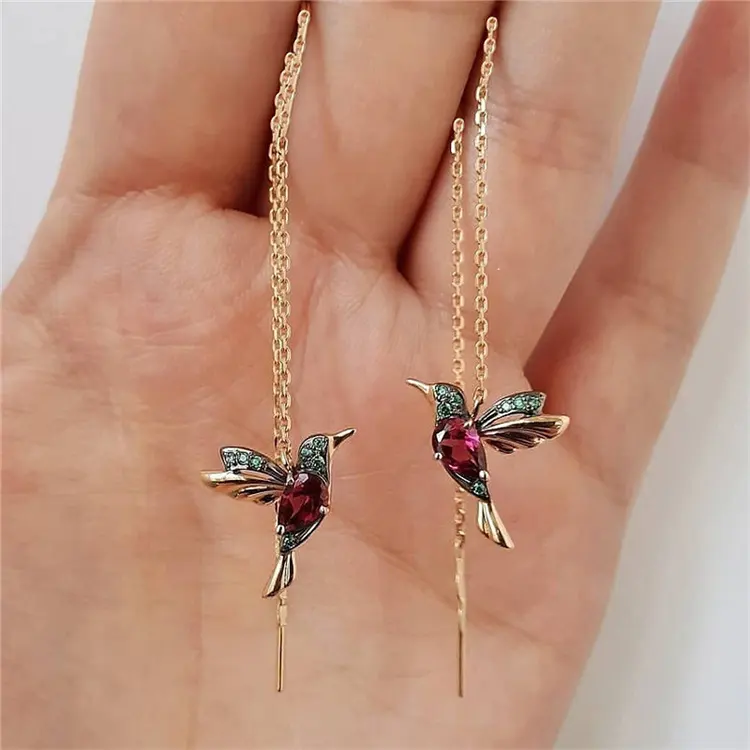 High Quality Elegant Women Colorful Crystal Humming Bird Threader Pendant Tassel Drop Long Earrings