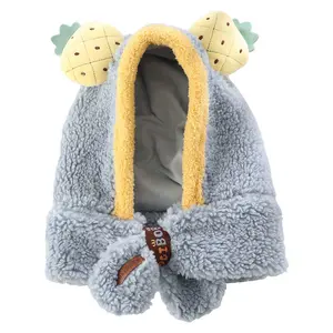 Gorro de felpa con dibujo de fruta para niños y niñas, bufanda de lana con orejas, Conjunto 2 en 1, bonito abrigo largo con capucha y solapa para las orejas