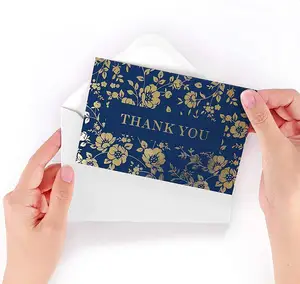 Tarjetas de agradecimiento y sobre personalizadas, embalaje de papel de aluminio azul marino, 25 paquetes al por mayor