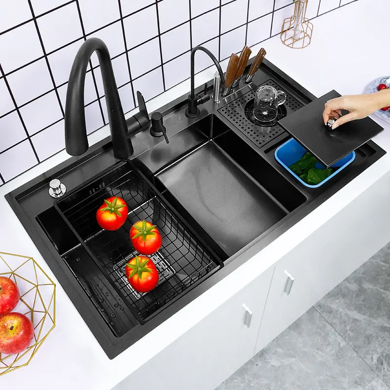 2022 New Multifunctional with Glass Rinser Waterfall Stepped Stainless Steel Nano Single Bowl Kitchen Sink