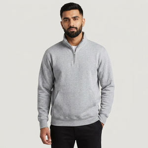 Pull pour homme Couleur gris chiné Deux poches latérales Sweatshirts à demi fermeture éclair coupe ajustée Col montant Fond épais Broderie personnalisée - Product Image 1