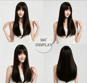 <b>Long</b> Straight Black <b>Wig</b> With Bangs Full Head Natural Everyday Style No Wake Up Required High Temperature Wire Hair Women's <b>Wig</b> - Product Image 3