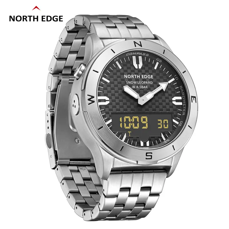 NORTH EDGE-reloj inteligente con correa de acero inoxidable para hombre, altímetro, barómetro, brújula luminosa, resistente al agua, 50M