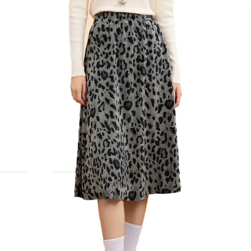 Custom women's fashion leopard-print velour drape mid-length A-line skirt skirt for women 2023 autumn/winter new model