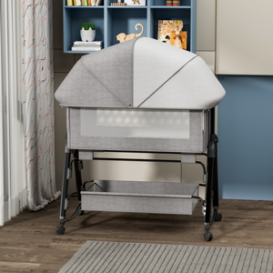 Cuna Mecedora Económica para Bebé, Cama Colecho con Altura Ajustable, Malla de Lino, Ruedas y Almacenamiento, Venta al por Mayor - Product Image 1