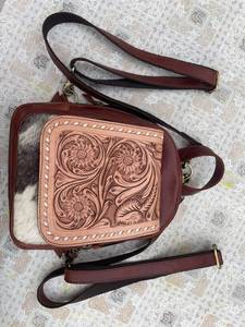 Handmade Genuine Leather & Cowhide Hair-on Mini <b>Backpack</b> with Hand-Tooled Floral Flap - Product Image 5