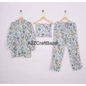 Conjunto de pijama de algodón 100% para mujer, camisón cómodo con estampado Floral azul, pantalones de manga larga, cintura elástica, ropa de dormir personalizada para - Product Image 4