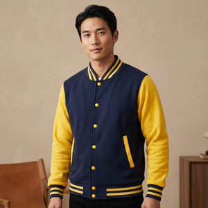 เสื้อแจ็คเก็ตวาร์ซิตี้สีเหลืองกรมท่าสำหรับผู้ชาย สไตล์พรีปปี้ ผ้าฟลีซ ปกคอพับ แขนเสื้อปกติ ใส่ได้ในฤดูใบไม้ร่วง - Product Image 1