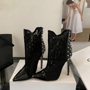 Stivali Sexy Neri con <span class=keywords><strong>Tacco</strong></span> <span class=keywords><strong>Alto</strong></span> in Pizzo e Borchie Stile Europeo e Americano, Scarpe Classiche in Rete Traspirante con <span class=keywords><strong>Tacco</strong></span> <span class=keywords><strong>Alto</strong></span> - Product Image 1