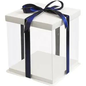 도매 맞춤형 패키지 케이크 상자 12 인치 생일 화이트 블랙 스퀘어 투명 PVC 플라스틱 웨딩 케이크 상자