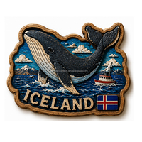 Imán de nevera de madera con sublimación de recuerdo de Puffin Djupivogur, Islandia, ciudad costera, logotipo personalizado, imán de nevera de madera de 3 capas